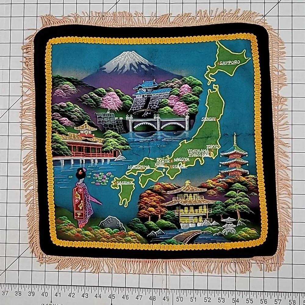 Vintage Asian Japanese Black‎ Velvet Hand Painted PILLOWCASE SHAM #2